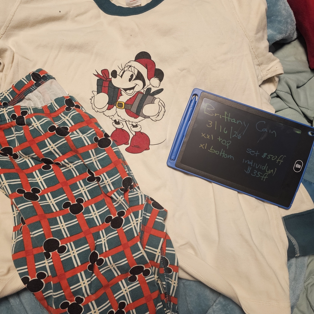 Hanna Andersson Cream Top with Teal & Red Plaid Mickey Pajama Set